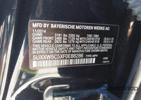2015 BMW X4 xDrive35I from USA, damaged, VIN 5UXXW5C5XF0E88286